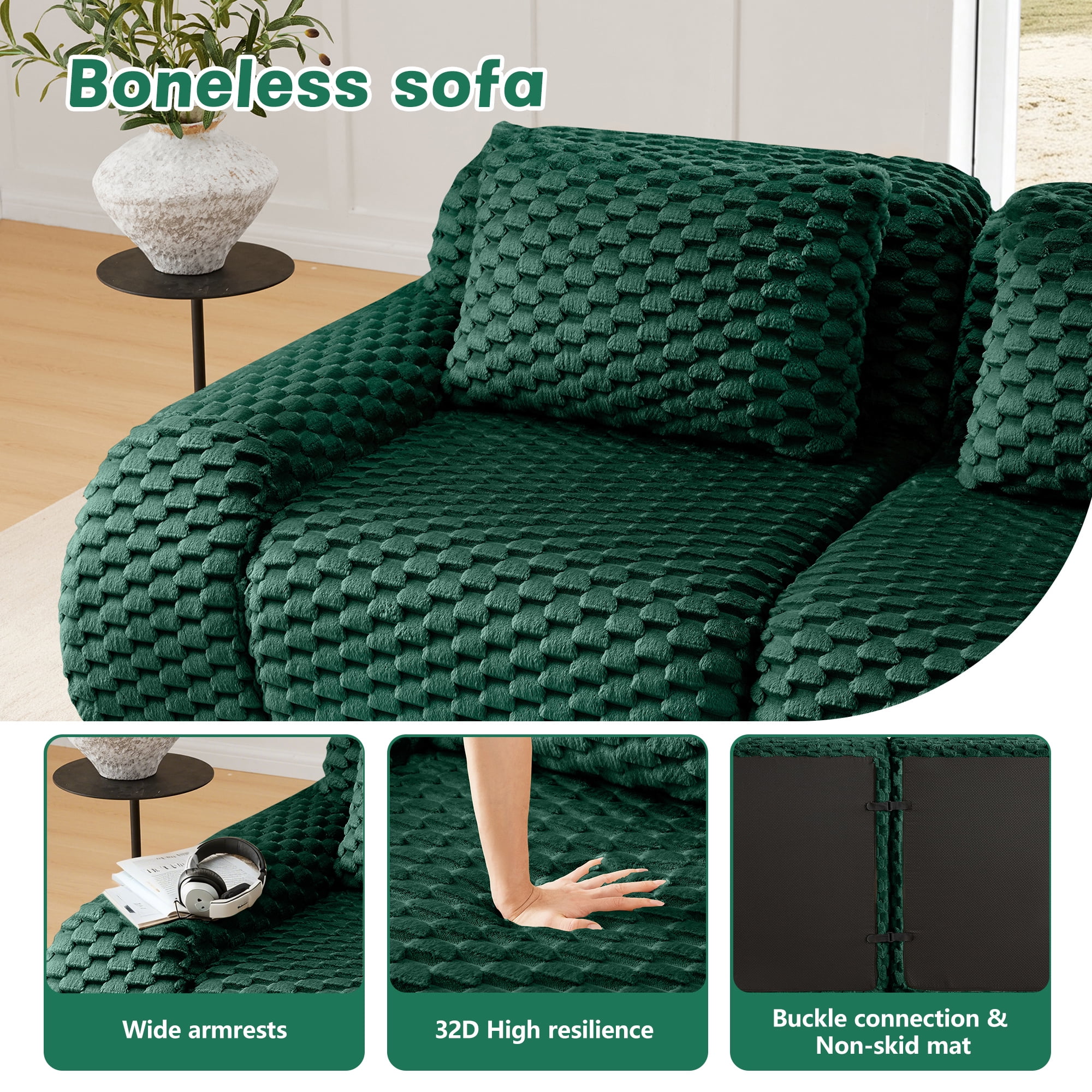 Aukfa 82" Overstuffed Cloud Sectional Sofa Modular Boneless Couch Loveseat for Living Room, 2 Pillows, Flannel, Green