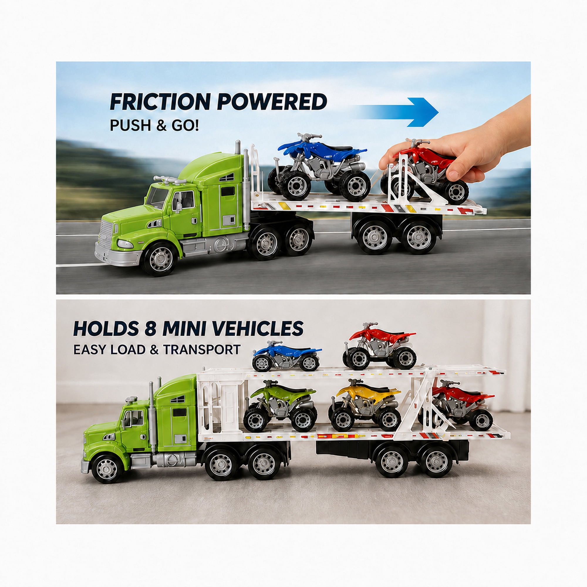 9-Piece Mini Vehicle Carrier Truck Playset, Double-Deck Toy Transport Truck with 8 Mini Vehicles, Friction Powered Semi Truck Toy, No Batteries Required, Gift for Kids Ages 3+