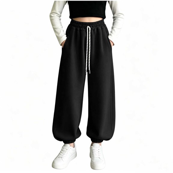 QIbmong Teen Girl's Sweatpants High Waist Drawstring Joggers Casual Loose Athletic Pants with Pockets for Kids(12-13Years,Black)