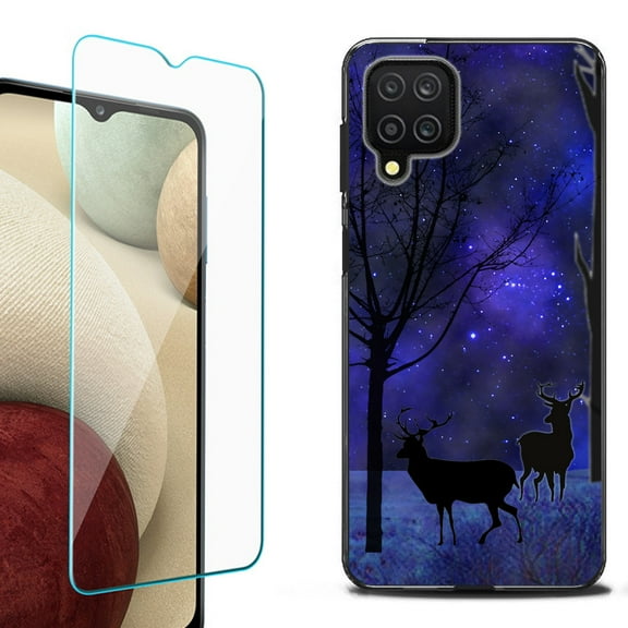 Slim-Fit Flexible TPU Gel Phone Case (black) for Samsung Galaxy A12, with Tempered Glass Screen Protector, by OneToughShield ® - Midnight Forest