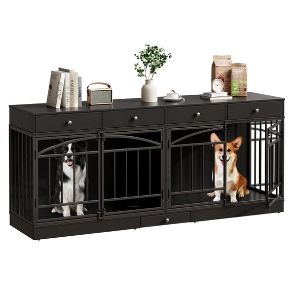 Accreate IDEALHOUE 79'' Dog Crate Furniture for 2 Dogs, Large Dog Kennel Indoor with 4 Storage Drawers and Feeding Bowls, Double Dog Crate TV Stand for Small Medium Dogs