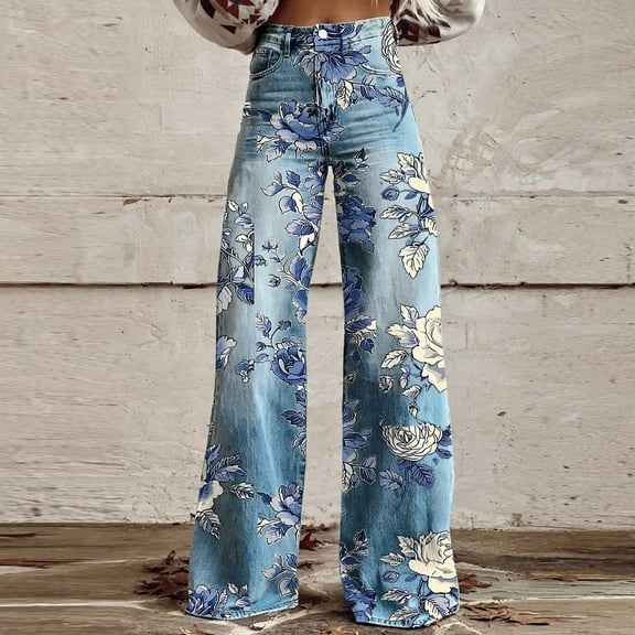 ClodeEU Women's Printed Denim Pant,High Waist Wide Leg Jean,Button Zipper Pocket Casual Pant Blue,Womens Plus M