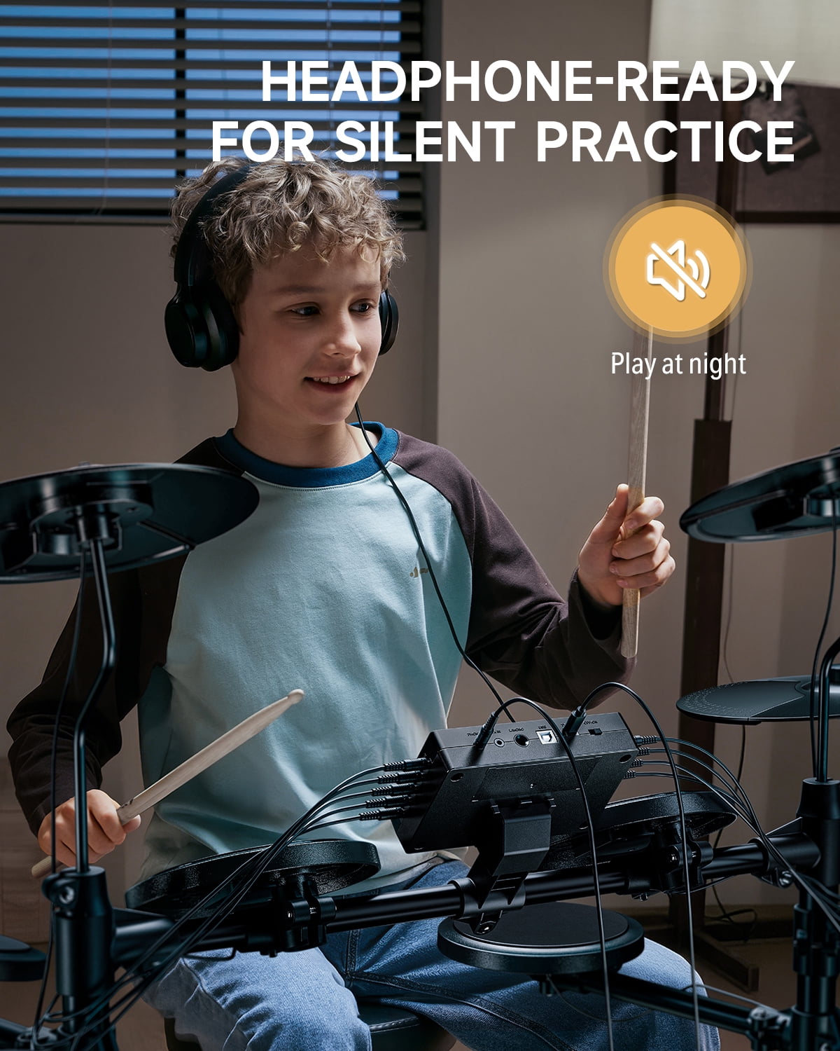 Donner   Electric Drum Set for Kids, with 150 Sounds, 15  Drum kits,  10 demo songs, 4 Quiet Silicone Pads, 9" Cymbals, Throne, Headphones, Sticks, Black
