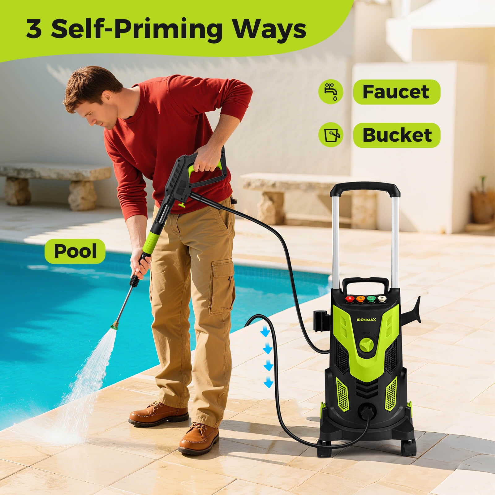 Ironmax Electric Pressure Washer with 4 Nozzles & Soap Bottle Lockable Wheels for Cleaning Green