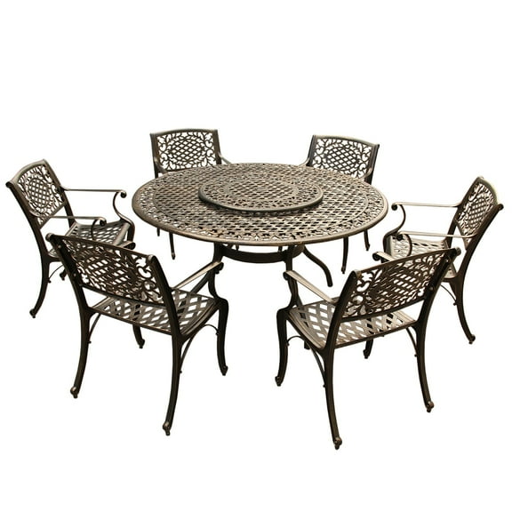 Outdoor Aluminum 7pc Round Patio Dining Set, Lazy Susan, Six Chairs