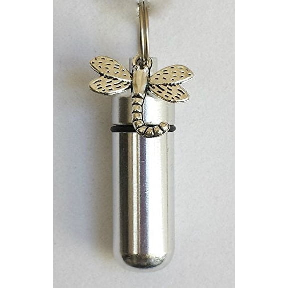 Silver DRAGONFLY CREMATION URN Keychain with Engraved Heart - Includes Velvet Pouch & Fill Kit