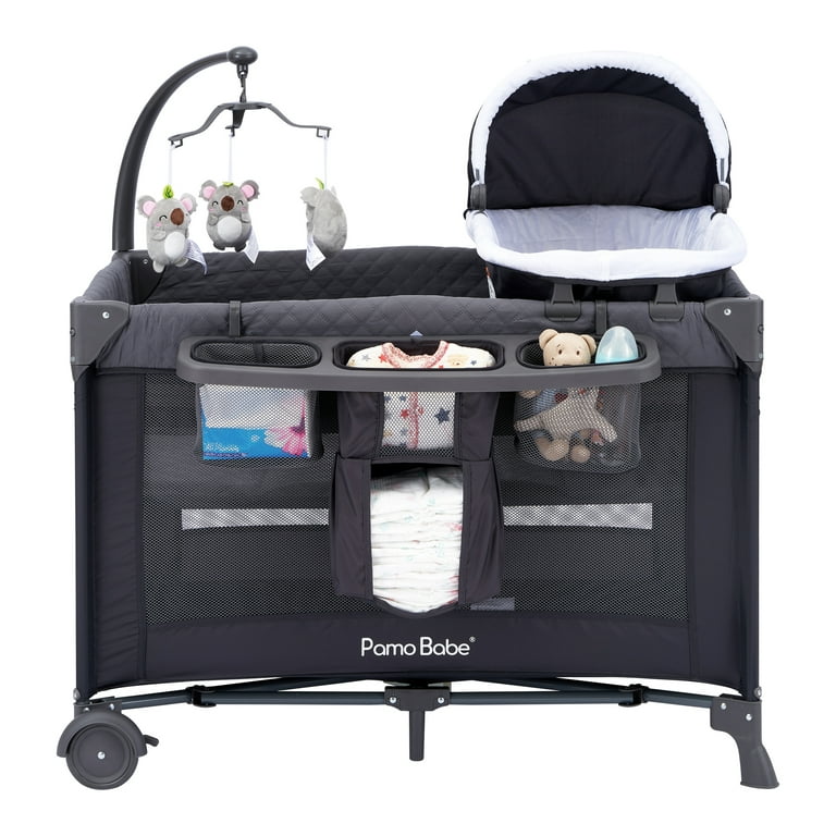 Pamo Babe Unisex Nursery Center Playard with Bassinet Changing Table Grey