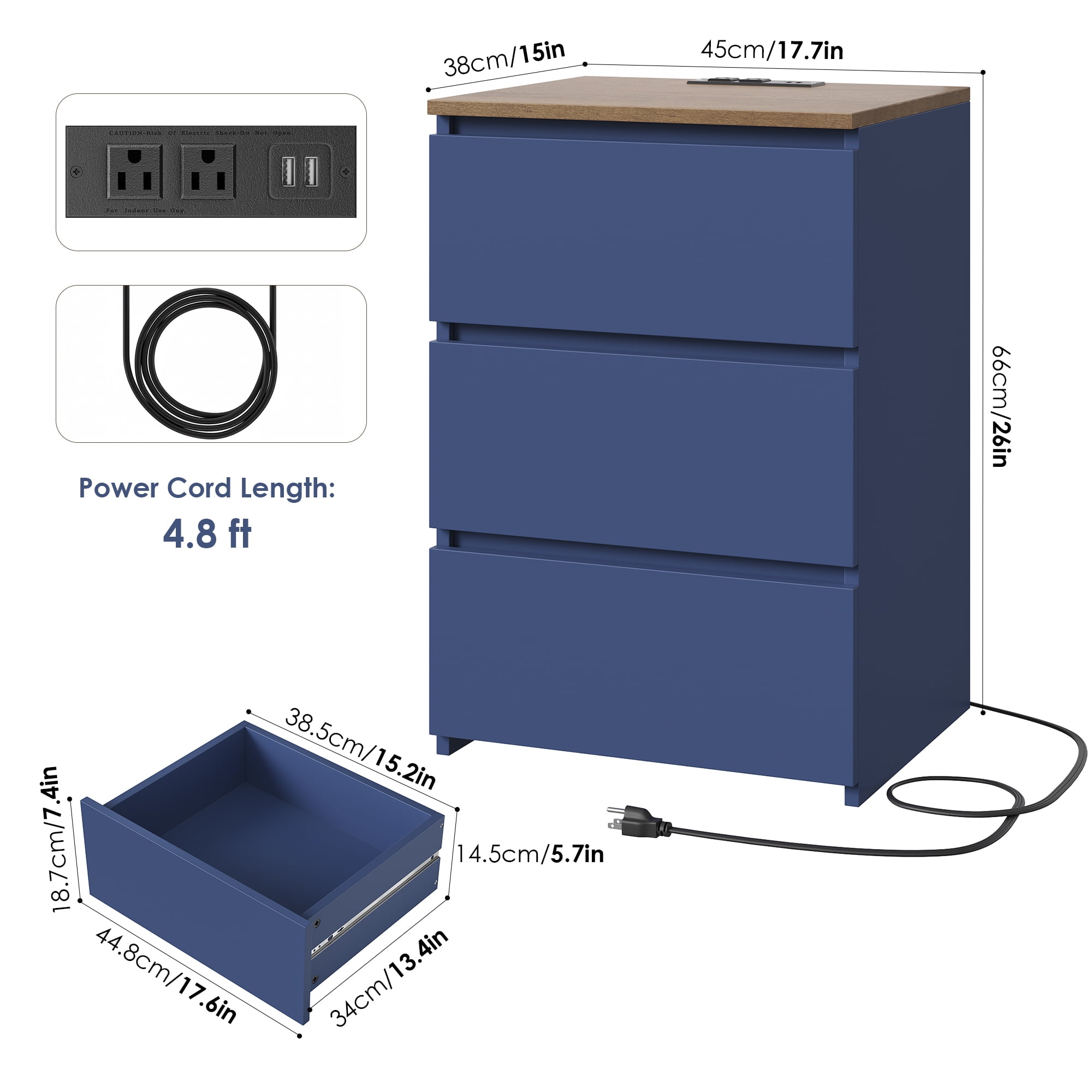 Homfa 3 Drawers Nightstand with Charging Station, Side Table with Storage for Living Room, Bedside Nightstand for Bedroom, Blue