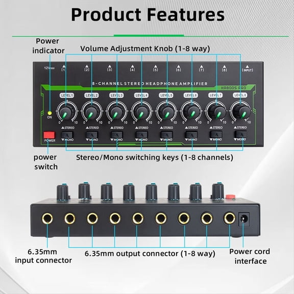 8 Channels Mini Stereo Headphone Amplifier HA800S PRO Ultra-Compact Audio Amplifier with Power Adapter US Plug