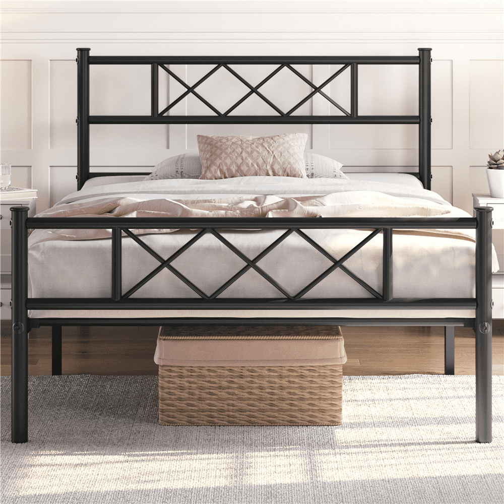 Yaheetech Black Metal Platform Twin Bed with X Design Headboard and Footboard