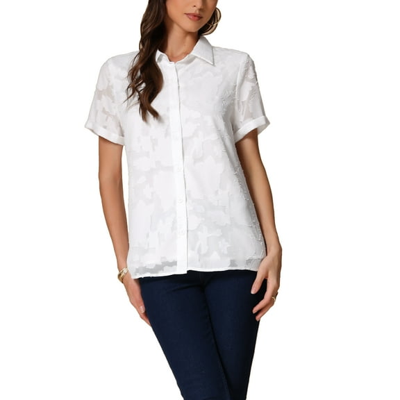 INSPIRE CHIC Women's Floral Lapel Collar Short Sleeve Button Down Chiffon Work Blouse XS White
