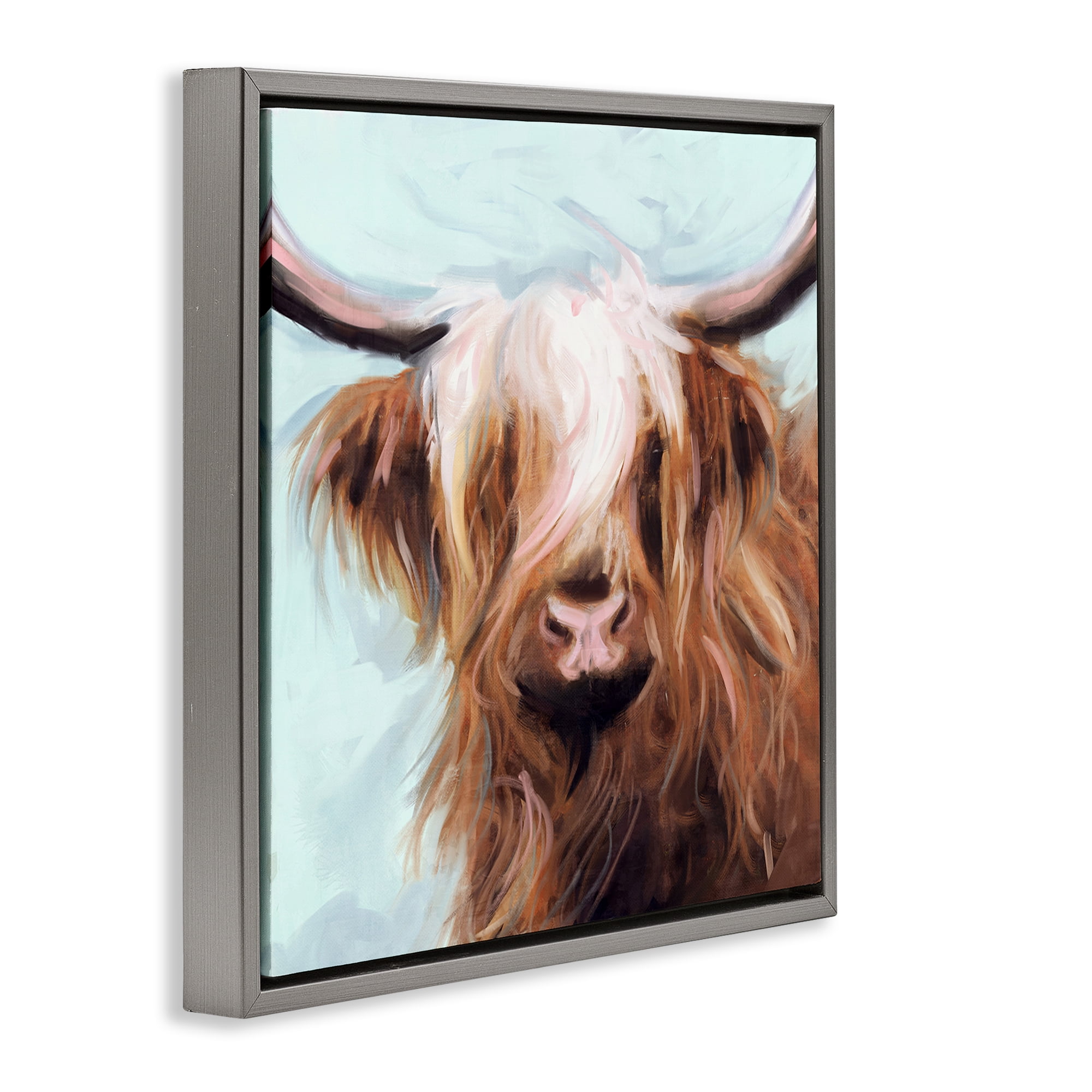 Stupell Industries Long Haired Cattle Portrait Animals & Insects Painting Gray Floater Framed Canvas Art Print Wall Art, 18 x 18