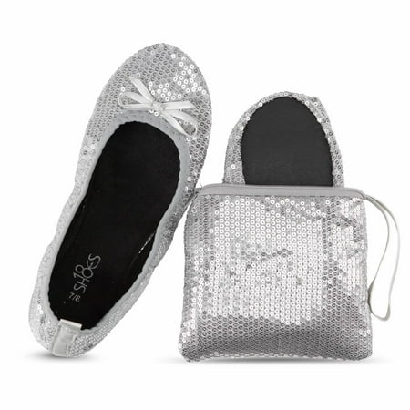 

Shoes 18 Women s Foldable Portable Travel Ballet Flat Shoes w/Matching Carrying Case Silver Sequin 5/6