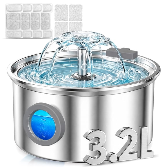 Cat Water Fountain Stainless Steel, YUWENUS 108oz/3.2L Pet Fountain with Water Level Window Automatic Water Dispenser with 4 Replacement Filters for Cats, Dogs