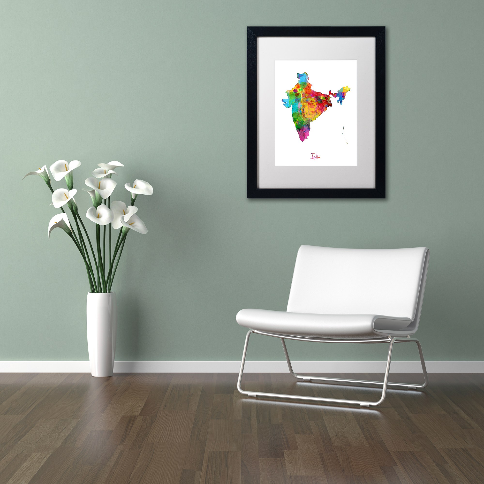 Trademark Fine Art "India Watercolor Map" Canvas Art by Michael Tompsett White Matte, Black Frame