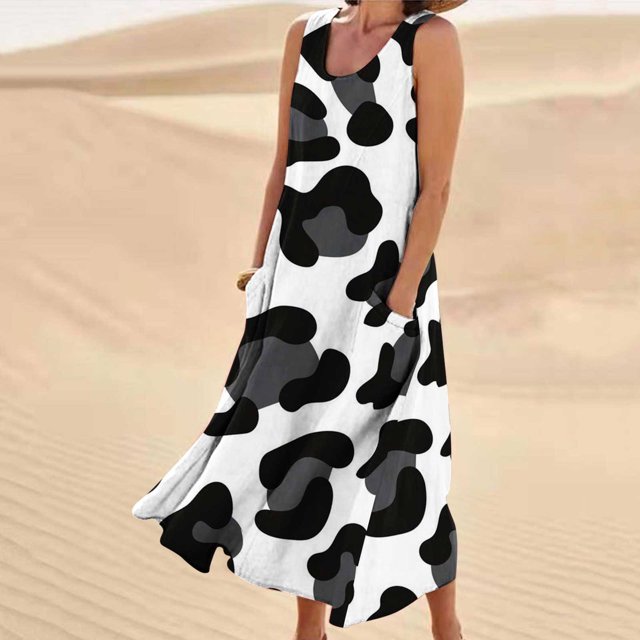ICHUANYI Clearance Womens Summer Casual Round Neck Beach Pockets Sleeveless Printed Dress(Black, XXL) ICHUANYI WER2023081507881