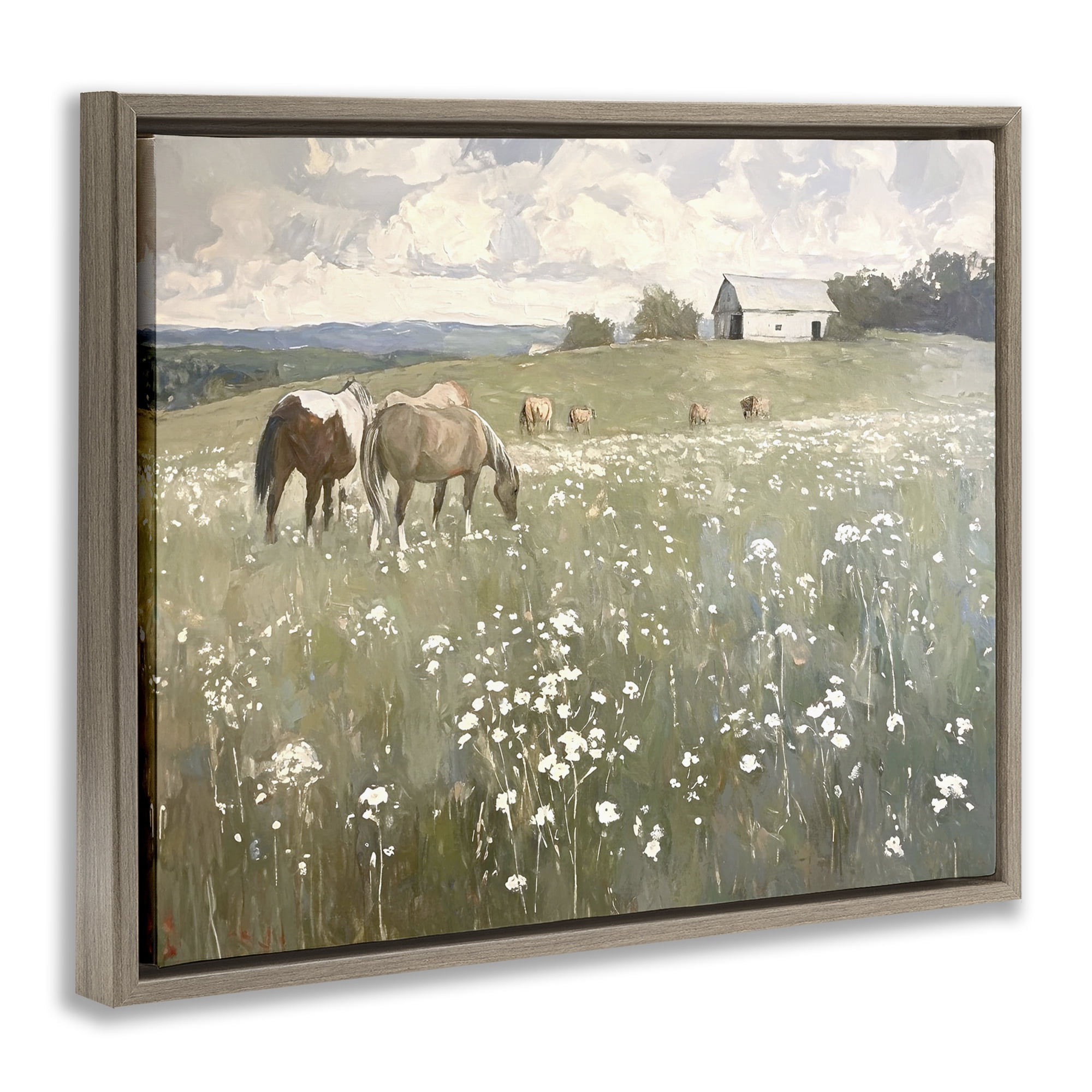 Stupell Industries Horses in Pasture Landscape Painting Brown Floater Framed Canvas Art Print Wall Art, 31 x 25