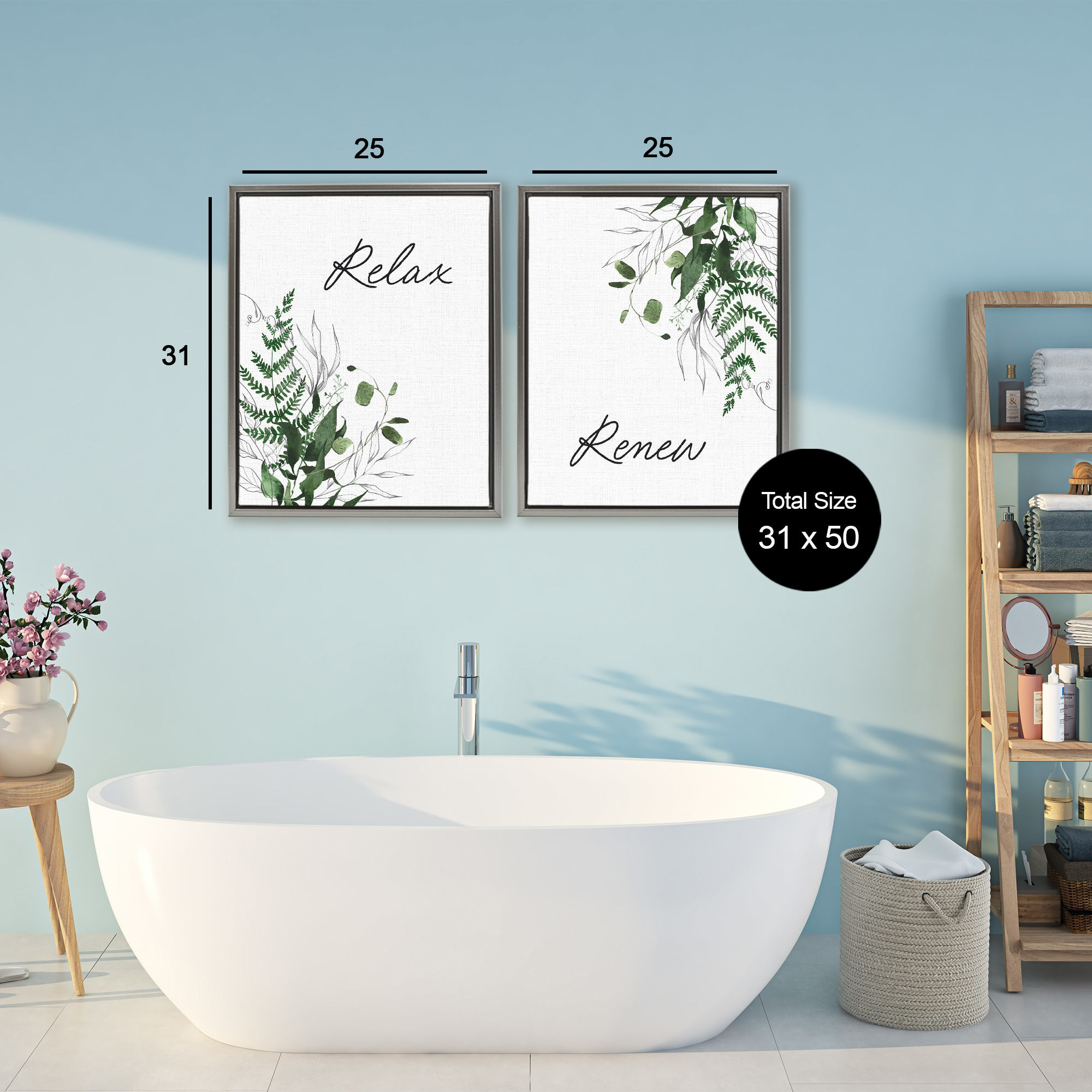 Relax Renew Botanical Leaves 2 Piece Gray Framed Floater Canvas Set, design by Lettered and Lined