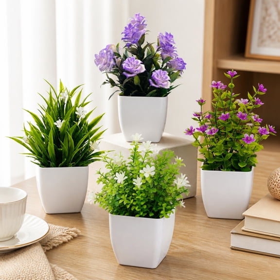 4 Pack Small Fake Plants Mini Artificial Faux Plants Indoor with Flowers Spring Decorations for Home Room Farmhouse Desk House Bathroom Decor