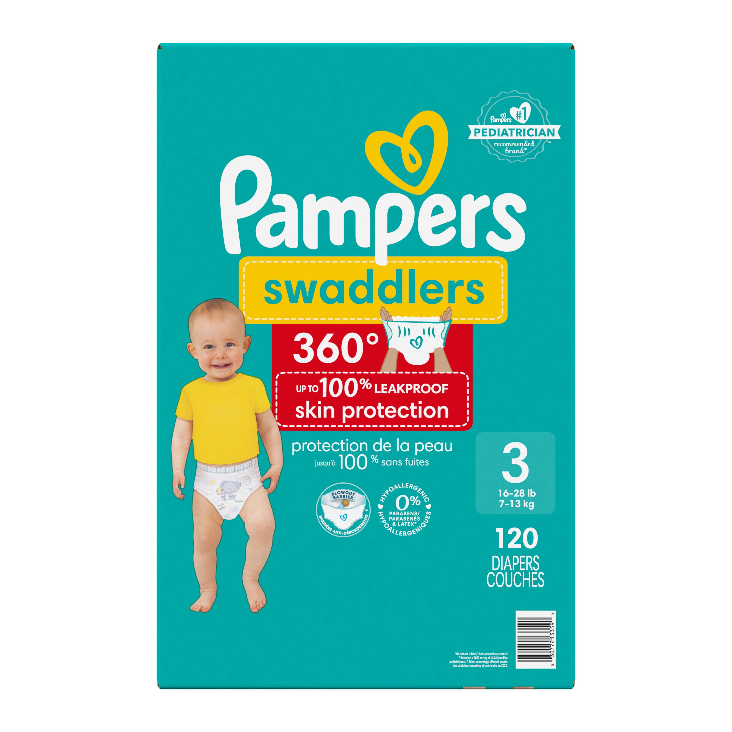 Pampers Swaddlers 360 Pull-On Diapers, Size 3 (16-28 lbs), for up to 100% Leakproof Skin Protection, 120 Count
