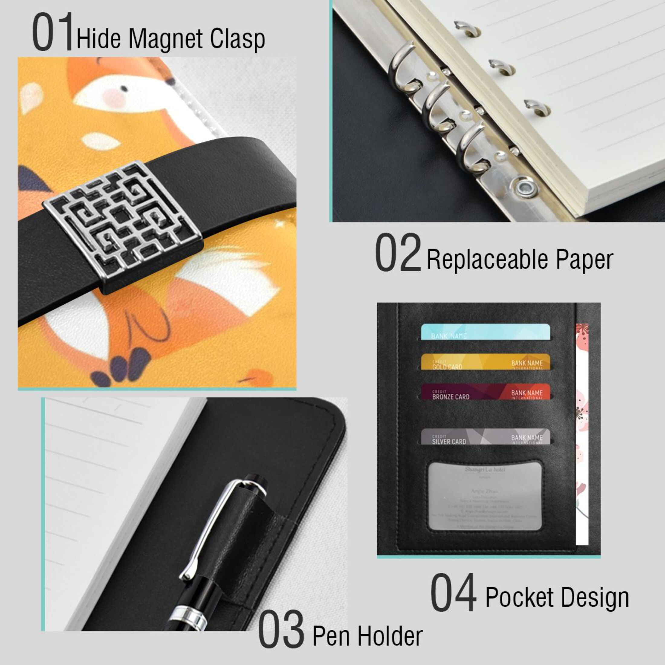 Leather Planner Leather Notebook Notebook Journal Binder Design Pen Pocket Design Convenient for Storage Orange Cartoon Fox