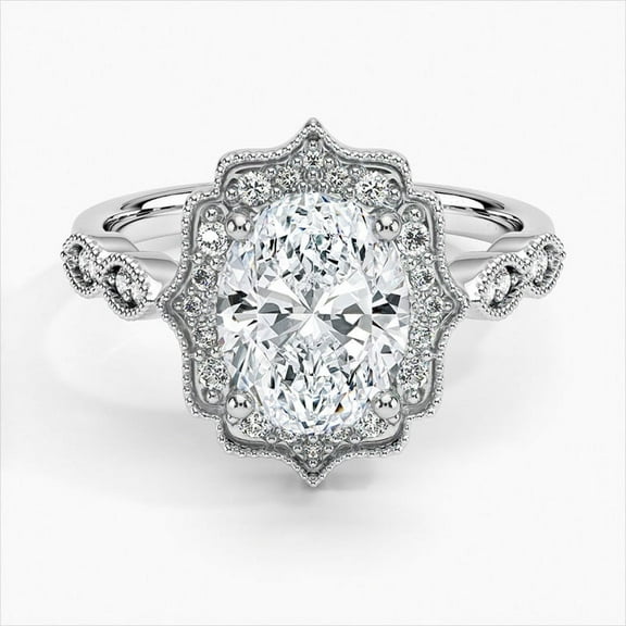 Dash Jewel Excellent 2 Ct Oval Cut Diamond Ring - Silver 14K White Gold Plated Ring - Milgrain Diamond Rings for Her - Vintage Halo Diamond Rings for Women's - Solitaire With Accent Diamond Rings