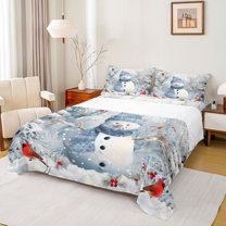 Homewish Kawaii Xmas Snowman Snowflake 4 Pieces Queen Sheet Sets for Kids Children Teens,Red Sparrows Ultra Soft Flat Sheet,Merry Christmas Queen Fitted Sheet,Lightweight Room Decor