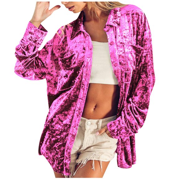 ylioge Quilted Jackets for Women, Women's Fall and Winter Jacket Long Sleeve Lapel Solid Color with Pockets Gold Velvet Loose Shirt Long Sleeve Hoodless Casual Coat Jacket Winter
