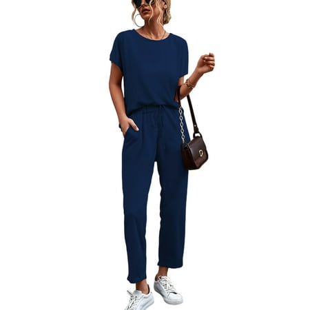 

Niuer Women Short Sleeve Casual Pajamas Set Matching Casual Loungewear Set Loose Fit Shirts Tops and Trouser Sleepwear Comfy Jogger Sweatsuit