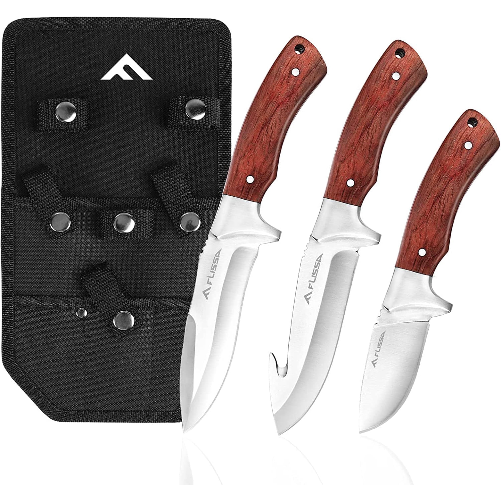 FLISSA Hunting Knife Set Full Tang Hunting Knife with Sheath 3-Pieces Fixed Blade Knife Hunting Survival Knives For Outdoor Camping Bushcraft