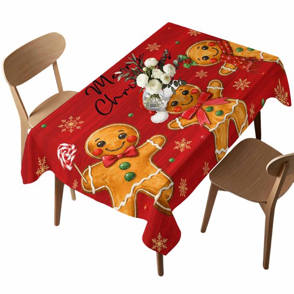 Waterproof Tablecloth Christmas Gingerbread Man Rectangle Table Cloth 52x70in,Wipeable Washable Table Cover Winter Snowflakes on Red Tablecloths for Dining Tables Kitchen Picnic Outdoor Party