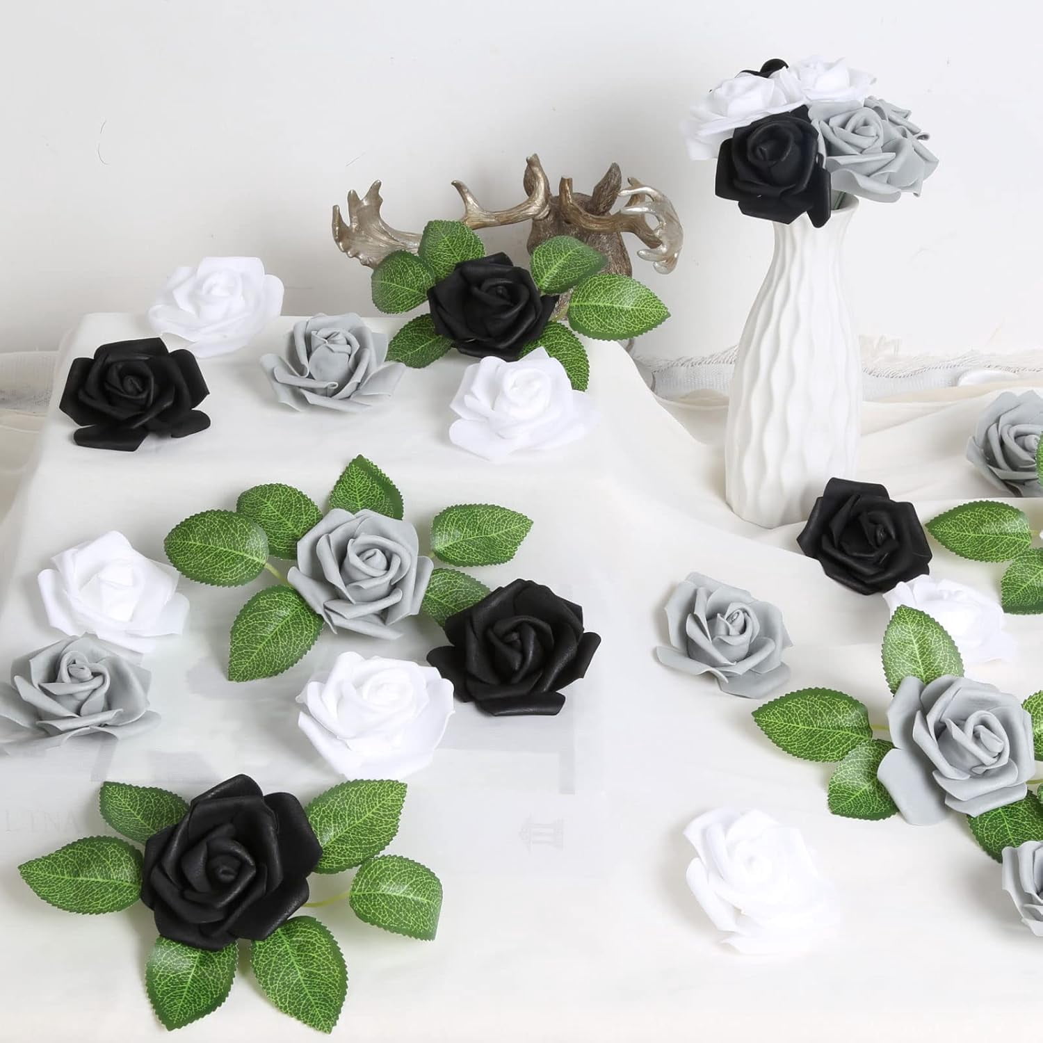 100pcs Black Roses Artificial Flowers,3inch White Foam Fake Rose Heads Stemless Gray Faux Flowers Bulk for DIY Crafts,Cake Wedding,Baby Shower Centerpieces Decor(Black,White,Gray)