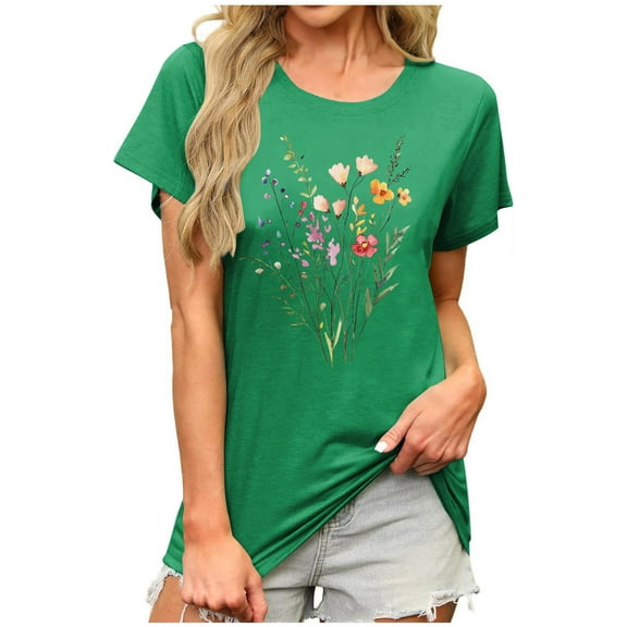 Hrsba Summer Shirts for Women,Boho Floral Print Crewneck Short Sleeve T Shirt Casual Vacation Blouse Top