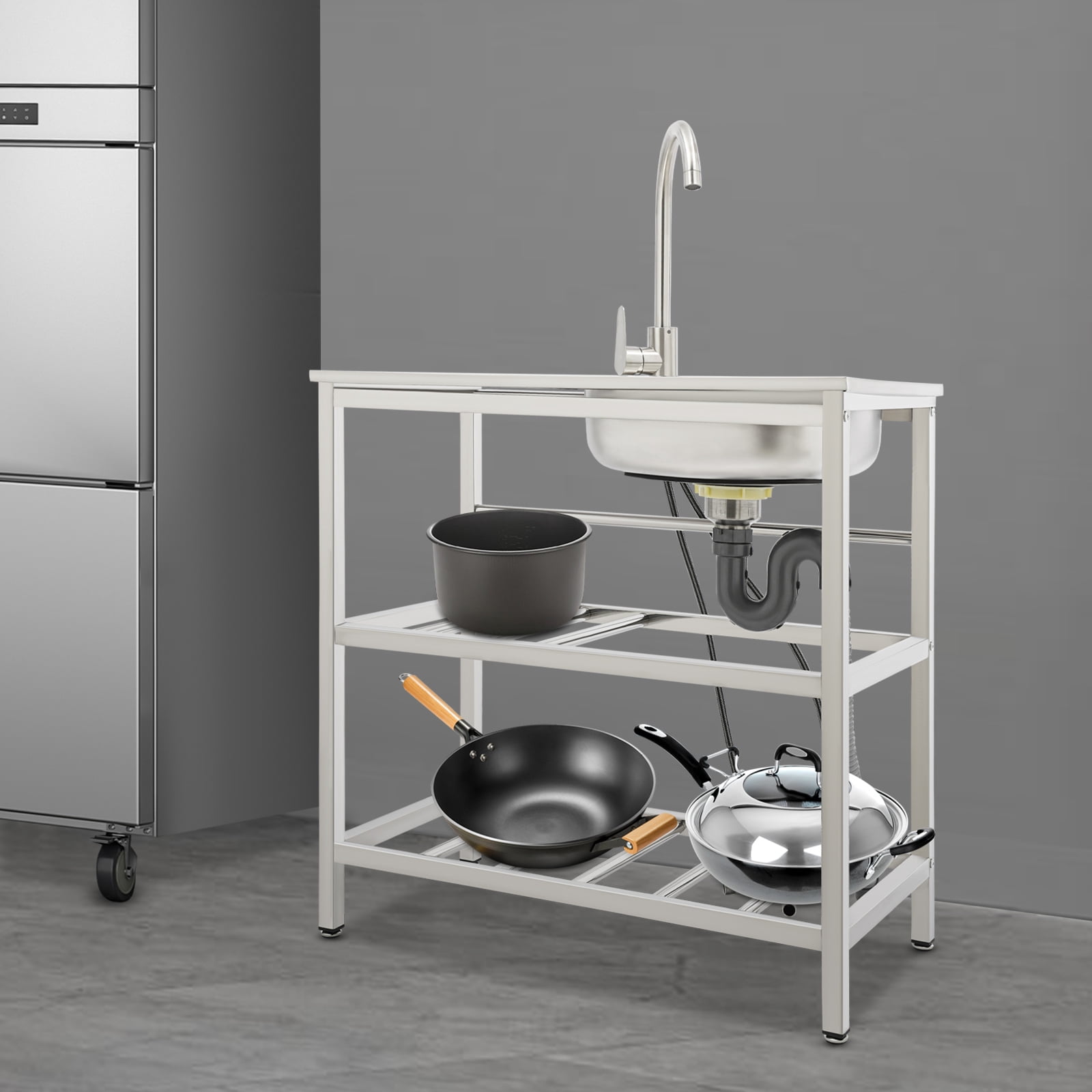Peakora 3 in 1 Kitchen Utility Sink Stainless Steel Kitchen Sink with Faucet Freestanding Outdoor Kitchen Commercial Sink with Double-Layer Storage Rack