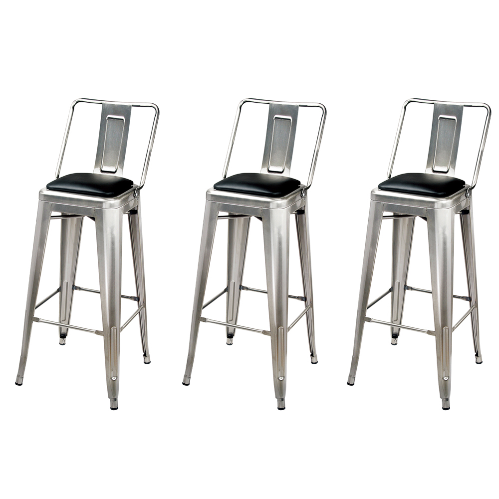 Leejay 30 inch Gunmetal High Back Metal Bar Stools with Vegan Leather