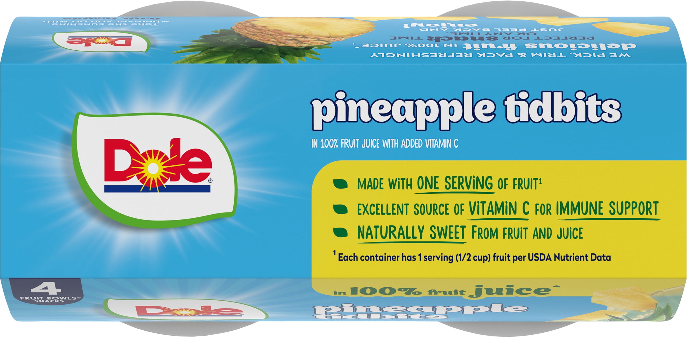 (4 pack) Dole Fruit Bowls Pineapple Tidbits in 100% Fruit Juice, 4 oz Cups (4 Pack)