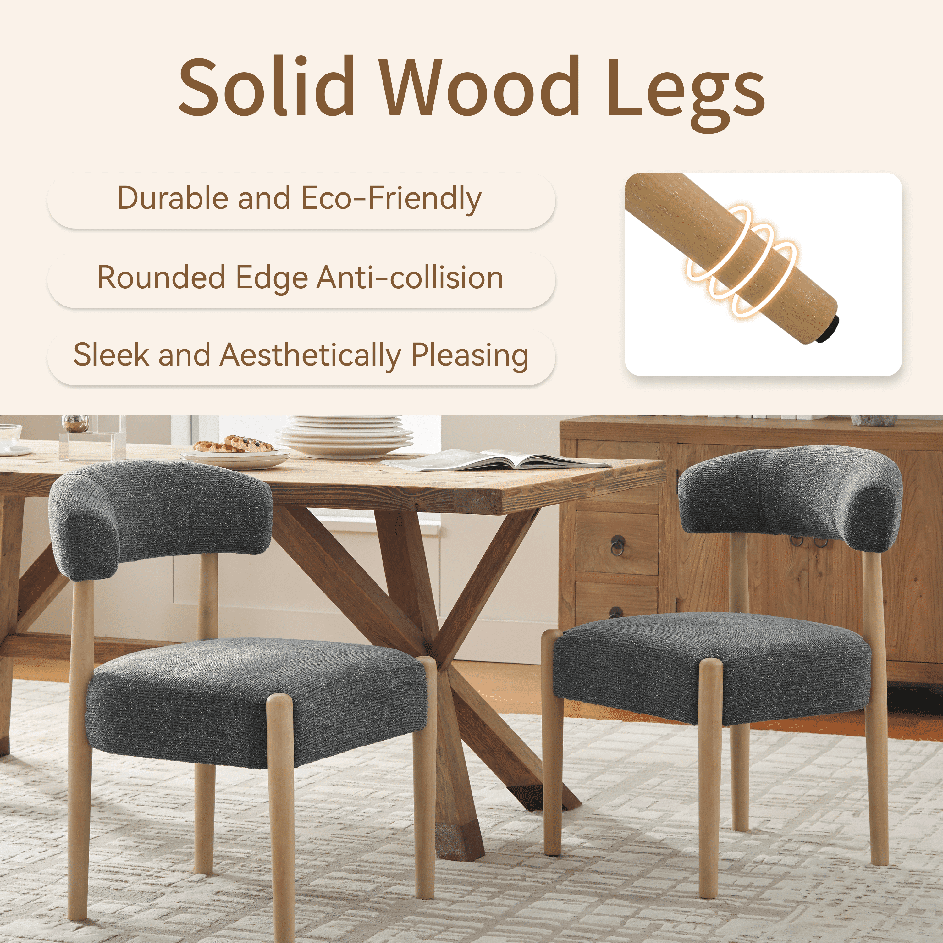 Vknow Furniture Minimalist Fabric Dining Chairs Set of 2 Solid Wood Legs Ergonomic Backrest for Dining Room Bedroom Study, Black