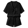 thumbnail image 4 of Ecqkame Two Piece Sets for Women Linen Front Tie V Neck Short Sleeve Tops and Elastic Pockets Shorts Casual Summer Lightweight Outfit Set Black XXXL, 4 of 9