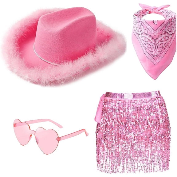 Jiibva 4Pcs/Set Fluffy Feather Brim Cowboy Hat with Heart Sunglasses Scarf Sequin Dance Dress Set for Women