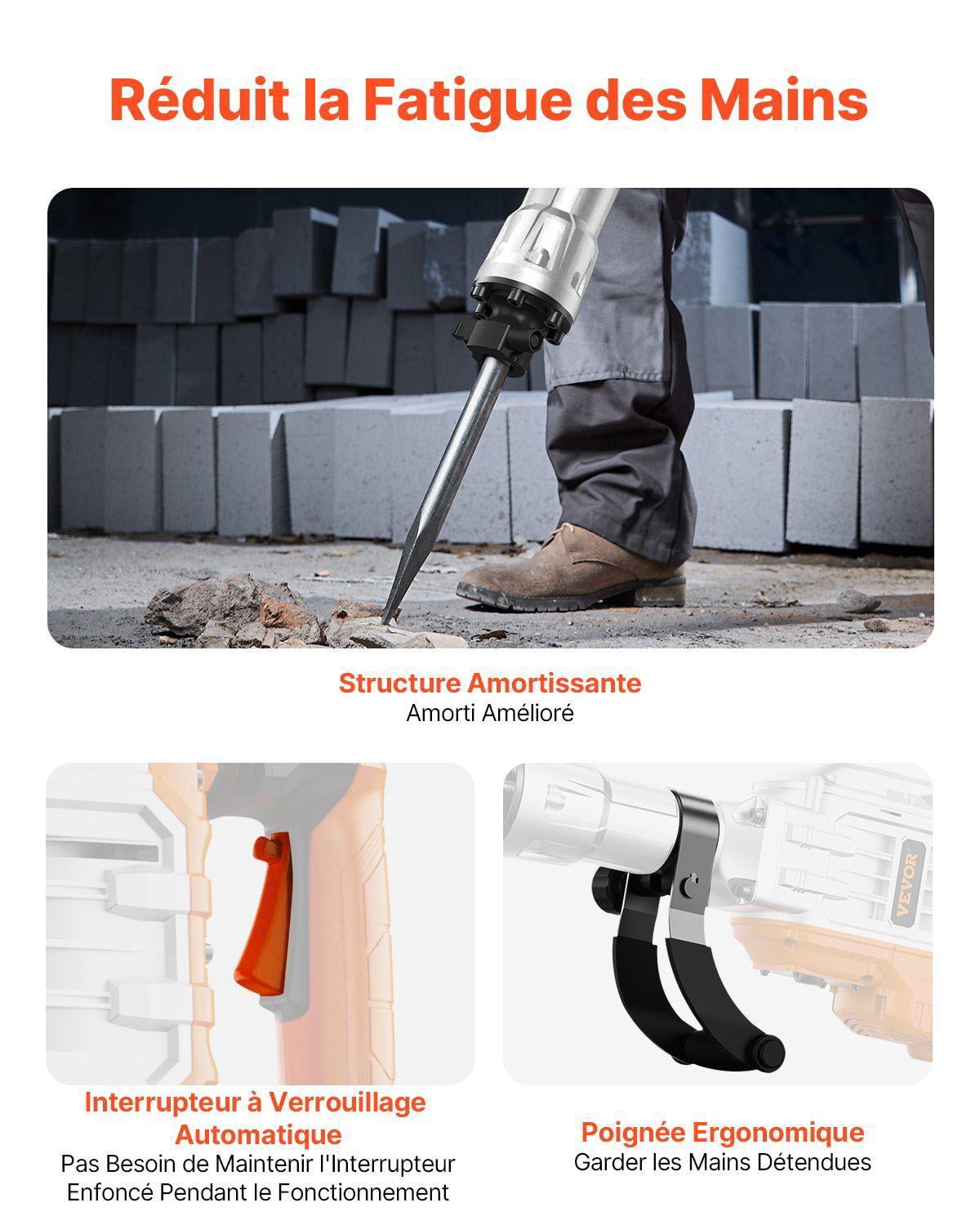 3500W Heavy Duty Electric Demolition Jack Hammer Concrete Breaker 1900 BPM with 360 Celsius Swiveling Front Handle 2 Chisels and Gloves