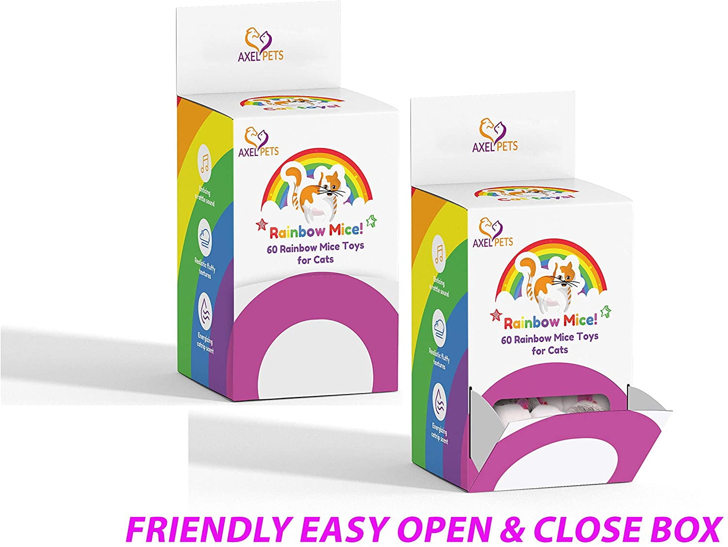 AXEL PETS 60 Rainbow Furry Mice with Catnip and Rattle Sound Interactive Catch Play Mouse Toy for Cat, Box of 60 Mice