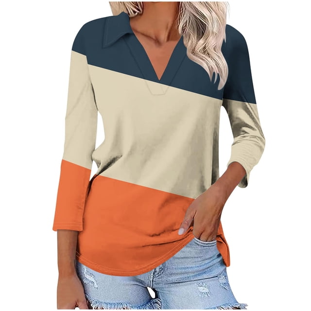 Camiseta de Solapa de Cuello en V de la Manga Superior de 3/4 de las Mujeres, Uso Diario Cómodo Casual