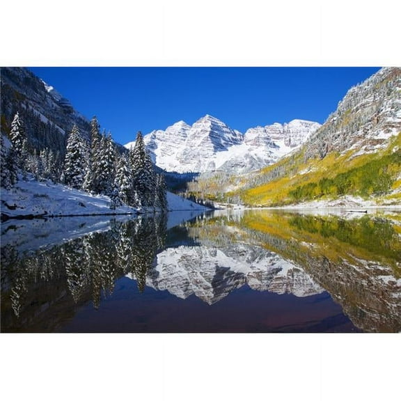 USA Colorado Early Snow - Near Aspen Landscape of Maroon Lake & Maroon Bells in Distance Poster Print - 17 x 11