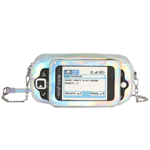 Small green bird Bolso bandolera con forma de teléfono móvil divertido para mujer, patrón de teclado completo, bolso mensajero de dibujos animados, bolso holográfico con purpurina