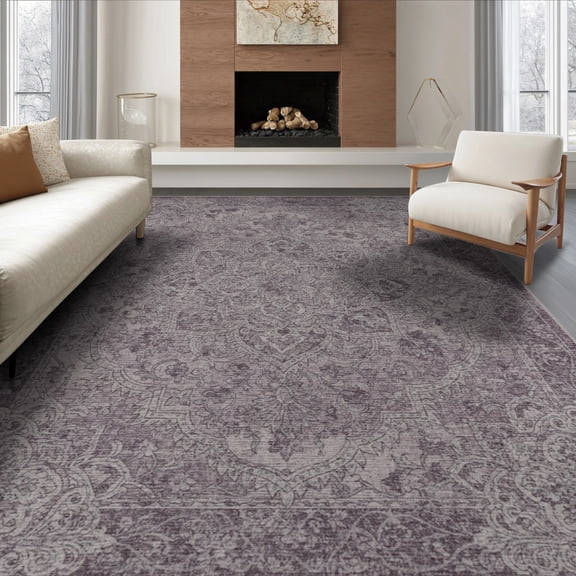 ODIKA 8'x10' Washable Area Rug Non-Slip Chair-Friendly Mat Vintage Plum Distressed Scroll Border Pink Mauve Boho Purple Flowing Dynamic for Dining Room, Large Office, Lounge