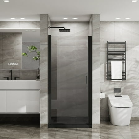 34"x72" Pivot Shower Door, 1/4 inch Thick Tempered Glass Swing Shower Door in Black Finish, Semi-Frameless Design