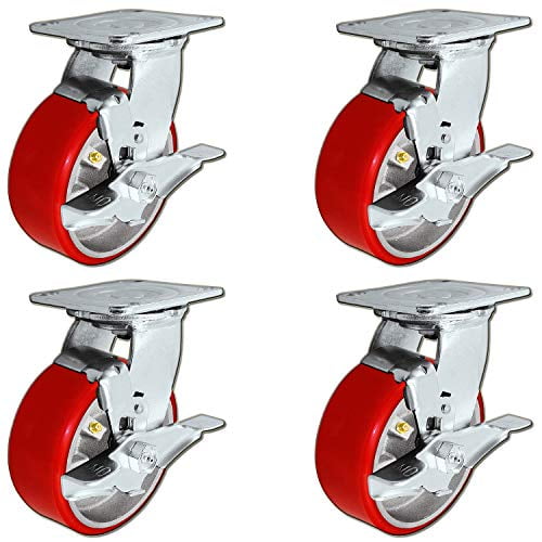 5" x 2" Heavy Duty Swivel Caster Set of 4 - Red Polyurethane on Steel Core with Brakes - 4,400 lbs Per Set of 4 - Toolbox Casters - CasterHQ