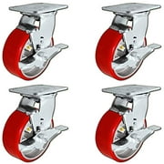 5" x 2" Heavy Duty Swivel Caster Set of 4 - Red Polyurethane on Steel Core with Brakes - 4,400 lbs Per Set of 4 - Toolbox Casters - CasterHQ