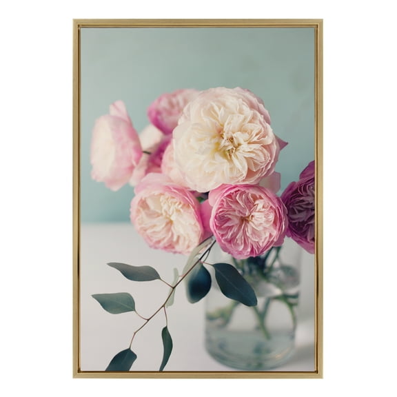 Kate and Laurel Sylvie Still Life Garden Roses Framed Canvas Wall Art by Kristy Campbell, 23x33 Gold, Decorative Floral Art Print for Wall