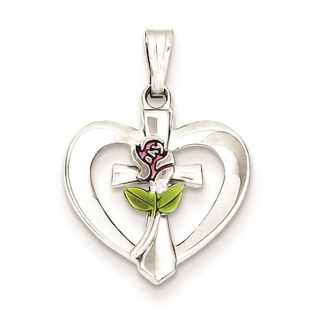 925 Sterling Silver Polished Enameled Cross & Rose Heart 17mm x 15mm Pendant